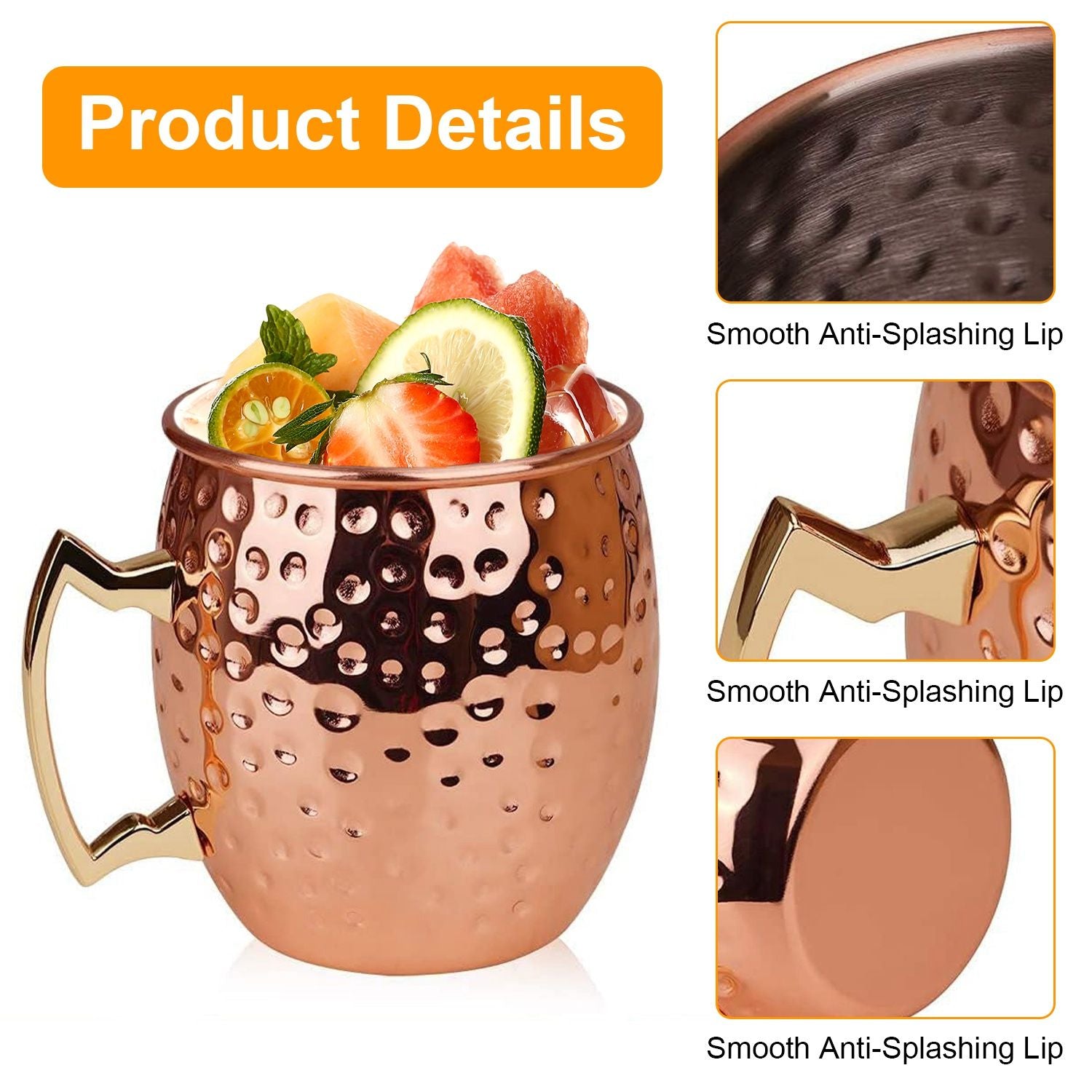4Pcs Moscow Mule Mugs 18OZ Copper Plating Cocktail Cup Set With Straws Stainless Steel Lining Hammered Cups For Wine Beer Cocktail Cold Drinks